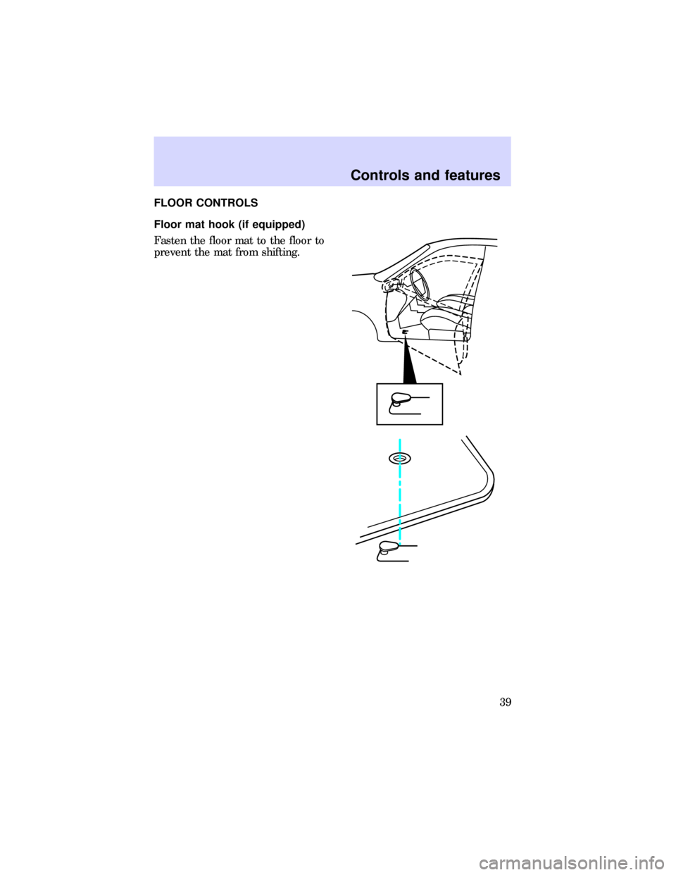 FORD ESCORT 1997 7.G Owners Guide FLOOR CONTROLS
Floor mat hook (if equipped)
Fasten the floor mat to the floor to
prevent the mat from shifting.
Controls and features
39 
