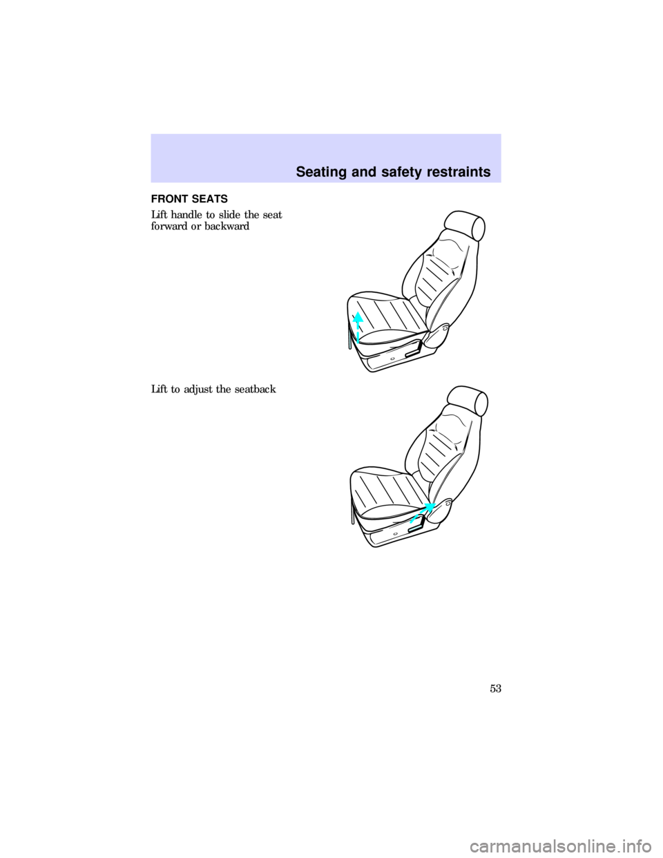 FORD ESCORT 1997 7.G Workshop Manual FRONT SEATS
Lift handle to slide the seat
forward or backward
Lift to adjust the seatback
Seating and safety restraints
53 