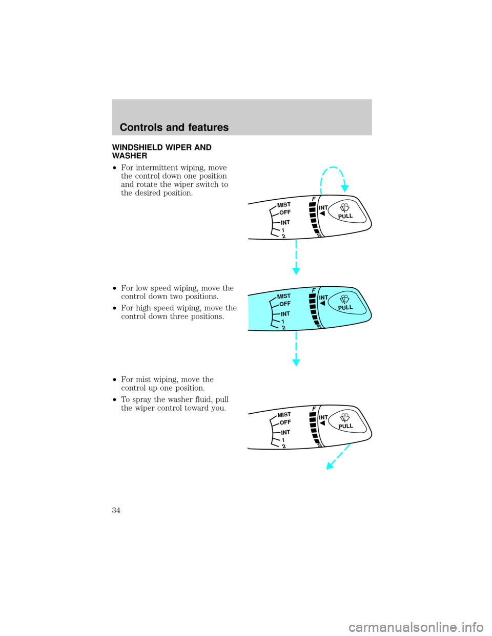 FORD ESCORT 1998 7.G Owners Guide WINDSHIELD WIPER AND
WASHER
²For intermittent wiping, move
the control down one position
and rotate the wiper switch to
the desired position.
²For low speed wiping, move the
control down two positio