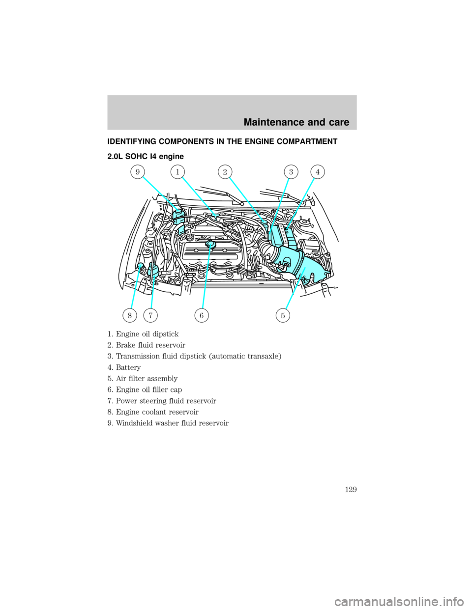 FORD ESCORT 1999 7.G Owners Manual IDENTIFYING COMPONENTS IN THE ENGINE COMPARTMENT
2.0L SOHC I4 engine
1. Engine oil dipstick
2. Brake fluid reservoir
3. Transmission fluid dipstick (automatic transaxle)
4. Battery
5. Air filter assem