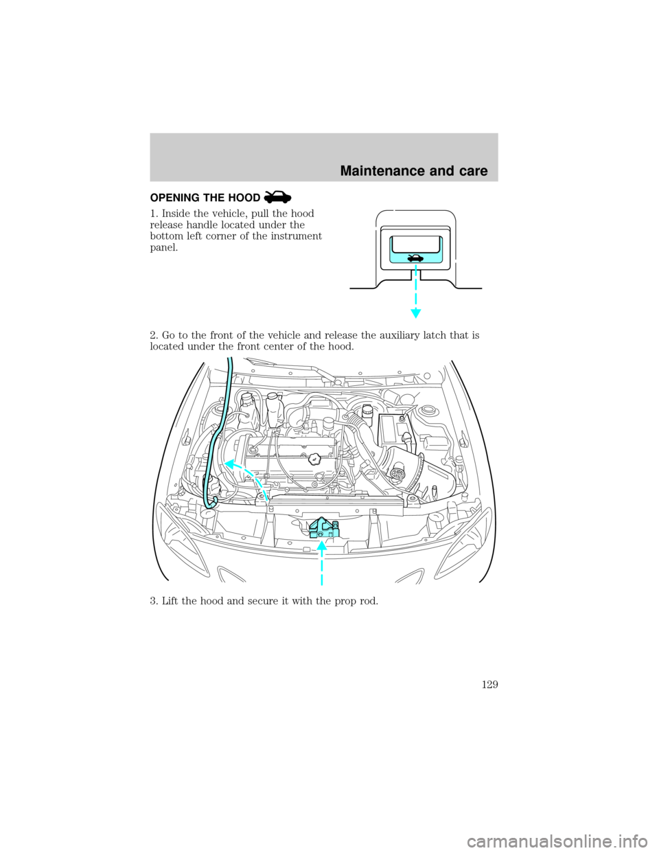 FORD ESCORT 2000 6.G Owners Manual OPENING THE HOOD
1. Inside the vehicle, pull the hood
release handle located under the
bottom left corner of the instrument
panel.
2. Go to the front of the vehicle and release the auxiliary latch tha