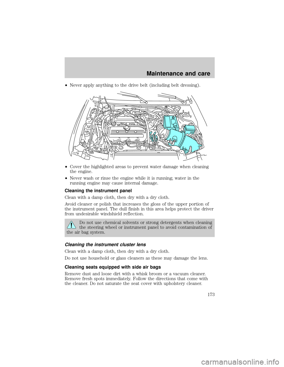 FORD ESCORT 2000 7.G Owners Manual ²Never apply anything to the drive belt (including belt dressing).
²Cover the highlighted areas to prevent water damage when cleaning
the engine.
²Never wash or rinse the engine while it is running