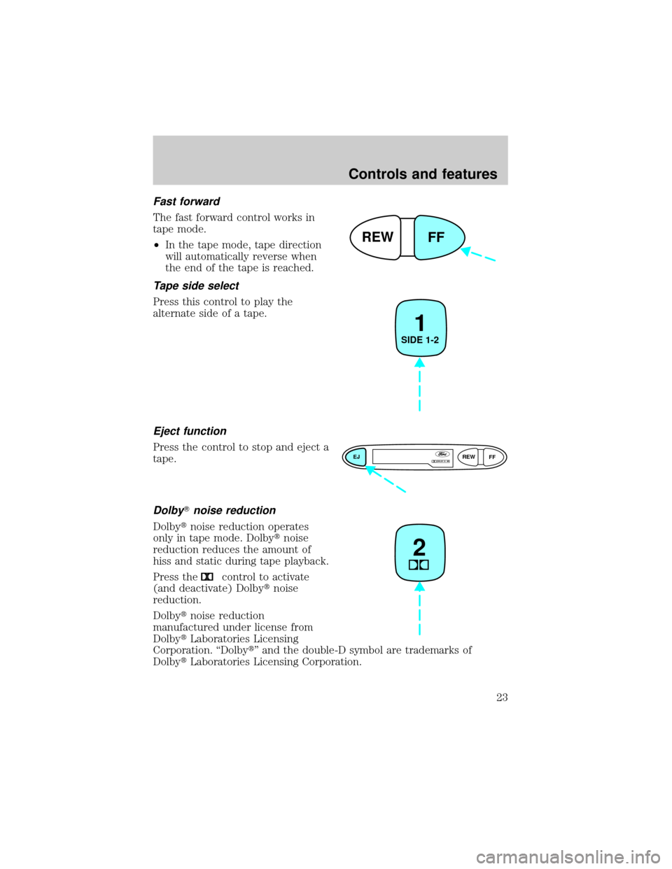 FORD ESCORT 2000 7.G Owners Manual Fast forward
The fast forward control works in
tape mode.
²In the tape mode, tape direction
will automatically reverse when
the end of the tape is reached.
Tape side select
Press this control to play