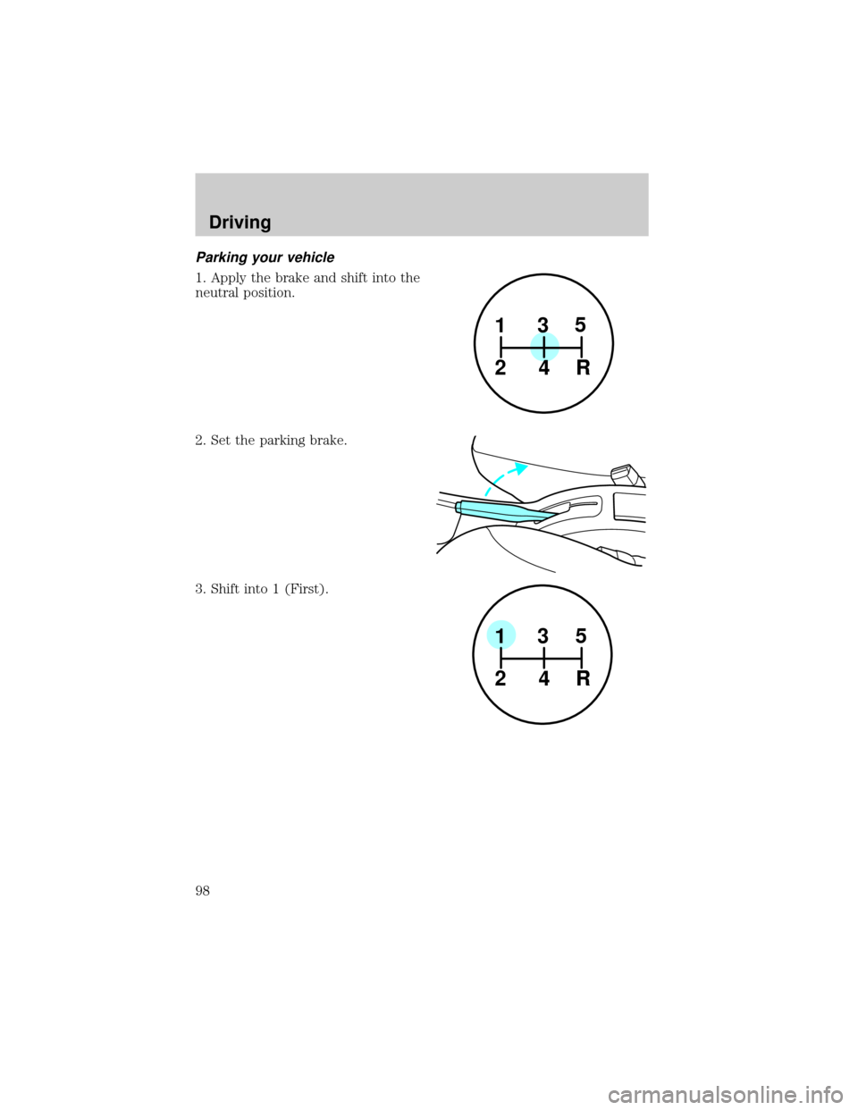 FORD ESCORT 2000 6.G Owners Manual Parking your vehicle
1. Apply the brake and shift into the
neutral position.
2. Set the parking brake.
3. Shift into 1 (First).
1
24R35
1
24R35
Driving
98 