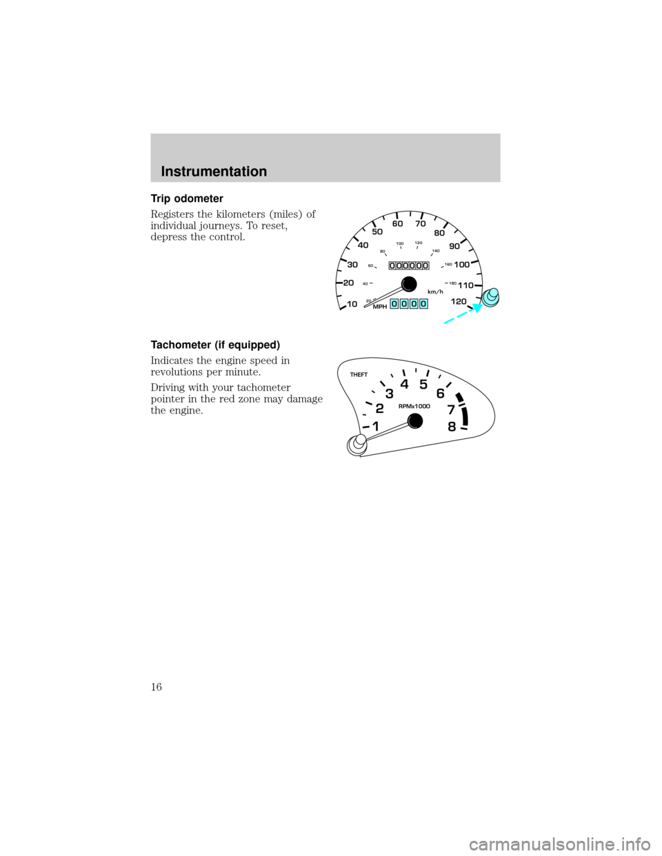 FORD ESCORT 2001 7.G User Guide Trip odometer
Registers the kilometers (miles) of
individual journeys. To reset,
depress the control.
Tachometer (if equipped)
Indicates the engine speed in
revolutions per minute.
Driving with your t
