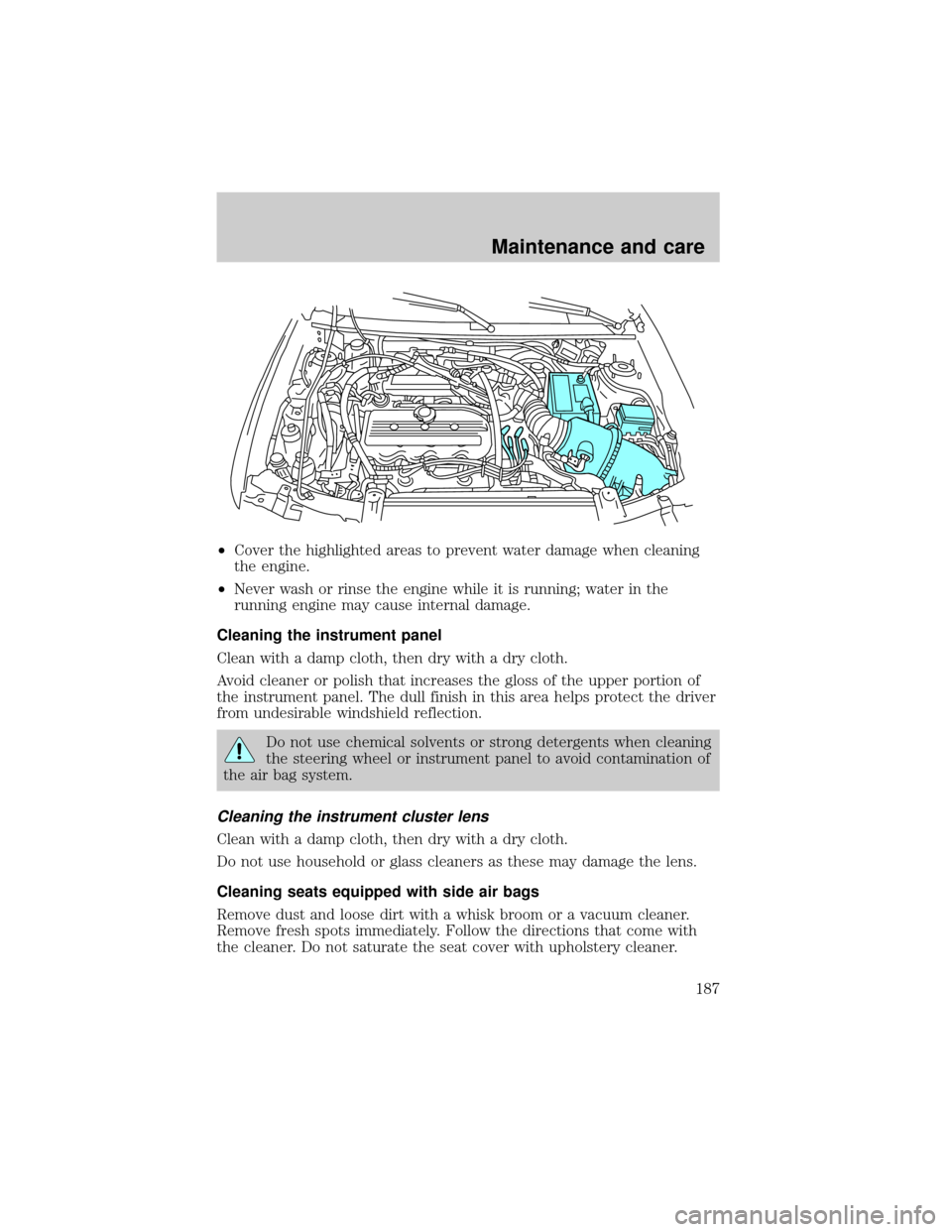 FORD ESCORT 2001 6.G Repair Manual ²Cover the highlighted areas to prevent water damage when cleaning
the engine.
²Never wash or rinse the engine while it is running; water in the
running engine may cause internal damage.
Cleaning th