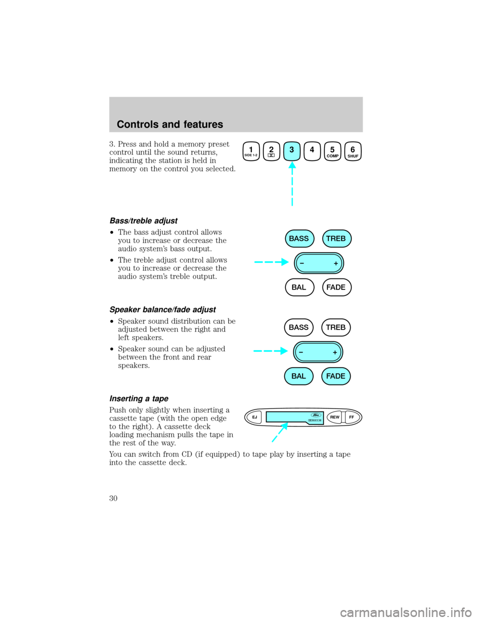 FORD ESCORT 2001 6.G Owners Manual 3. Press and hold a memory preset
control until the sound returns,
indicating the station is held in
memory on the control you selected.
Bass/treble adjust
²The bass adjust control allows
you to incr