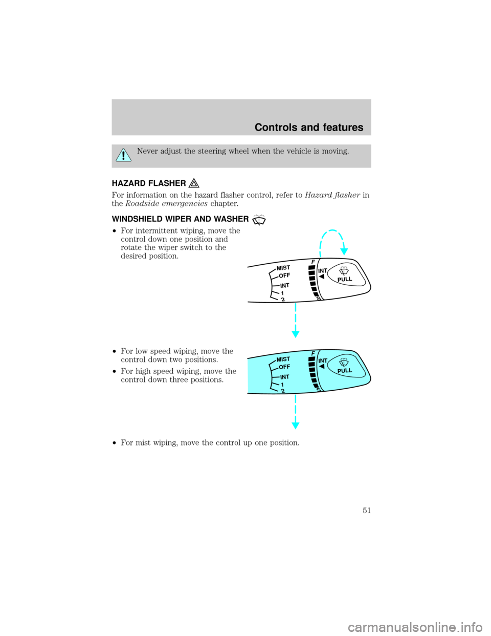 FORD ESCORT 2001 7.G Workshop Manual Never adjust the steering wheel when the vehicle is moving.
HAZARD FLASHER
For information on the hazard flasher control, refer toHazard flasherin
theRoadside emergencieschapter.
WINDSHIELD WIPER AND FORD ESCORT 2001 7.G Workshop Manual Never adjust the steering wheel when the vehicle is moving.
HAZARD FLASHER
For information on the hazard flasher control, refer toHazard flasherin
theRoadside emergencieschapter.
WINDSHIELD WIPER AND