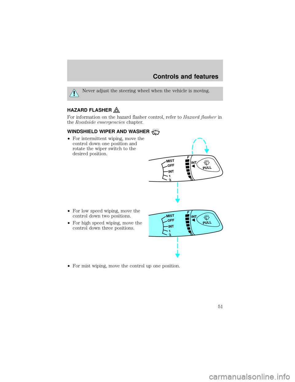 FORD ESCORT 2001 6.G Workshop Manual Never adjust the steering wheel when the vehicle is moving.
HAZARD FLASHER
For information on the hazard flasher control, refer toHazard flasherin
theRoadside emergencieschapter.
WINDSHIELD WIPER AND 