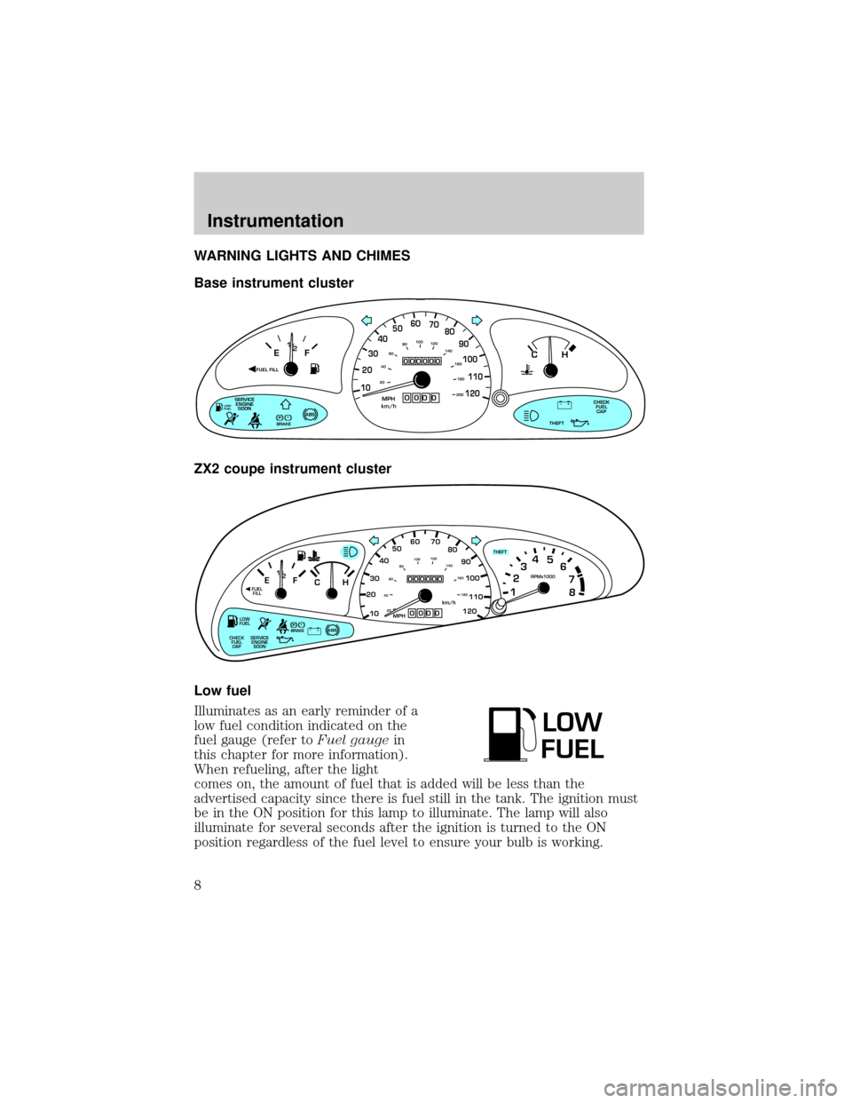 FORD ESCORT 2001 6.G Owners Manual WARNING LIGHTS AND CHIMES
Base instrument cluster
ZX2 coupe instrument cluster
Low fuel
Illuminates as an early reminder of a
low fuel condition indicated on the
fuel gauge (refer toFuel gaugein
this 