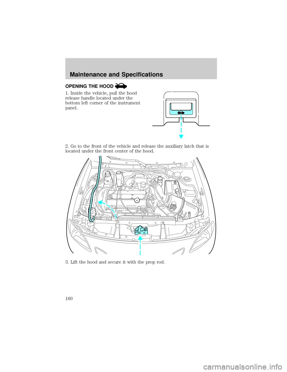 FORD ESCORT 2002 7.G Owners Manual OPENING THE HOOD
1. Inside the vehicle, pull the hood
release handle located under the
bottom left corner of the instrument
panel.
2. Go to the front of the vehicle and release the auxiliary latch tha