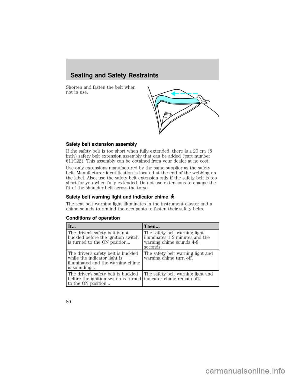 FORD ESCORT 2002 7.G Manual PDF Shorten and fasten the belt when
not in use.
Safety belt extension assembly
If the safety belt is too short when fully extended, there is a 20 cm (8
inch) safety belt extension assembly that can be ad FORD ESCORT 2002 7.G Manual PDF Shorten and fasten the belt when
not in use.
Safety belt extension assembly
If the safety belt is too short when fully extended, there is a 20 cm (8
inch) safety belt extension assembly that can be ad