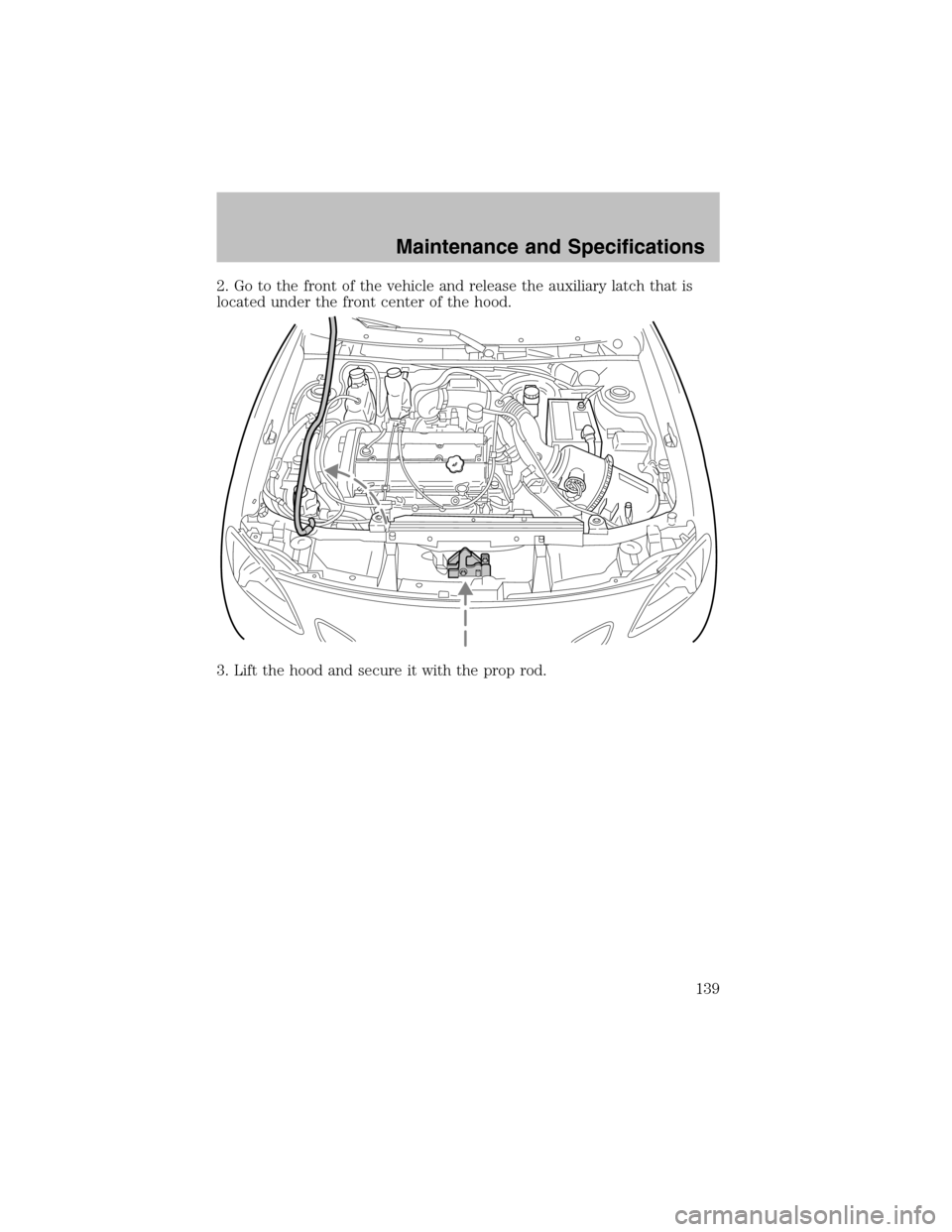 FORD ESCORT 2003 7.G Owners Manual 2. Go to the front of the vehicle and release the auxiliary latch that is
located under the front center of the hood.
3. Lift the hood and secure it with the prop rod.
Maintenance and Specifications
1