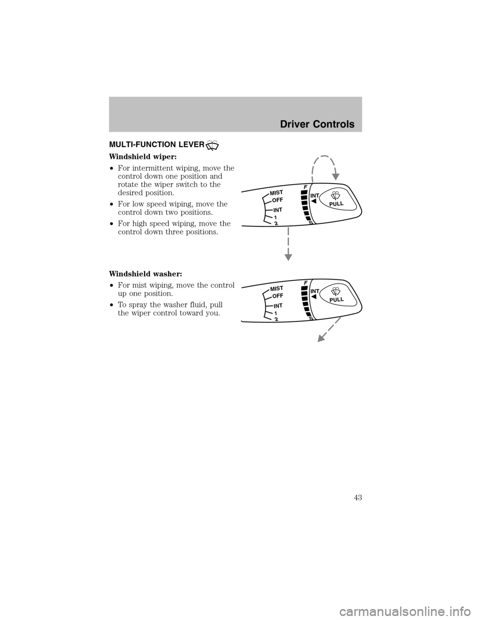 FORD ESCORT 2003 7.G Service Manual MULTI-FUNCTION LEVER
Windshield wiper:
•For intermittent wiping, move the
control down one position and
rotate the wiper switch to the
desired position.
•For low speed wiping, move the
control dow