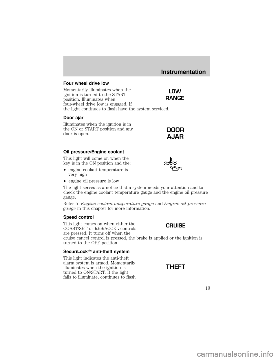 FORD EXCURSION 2000 1.G User Guide Four wheel drive low
Momentarily illuminates when the
ignition is turned to the START
position. Illuminates when
four-wheel drive low is engaged. If
the light continues to flash have the system servic