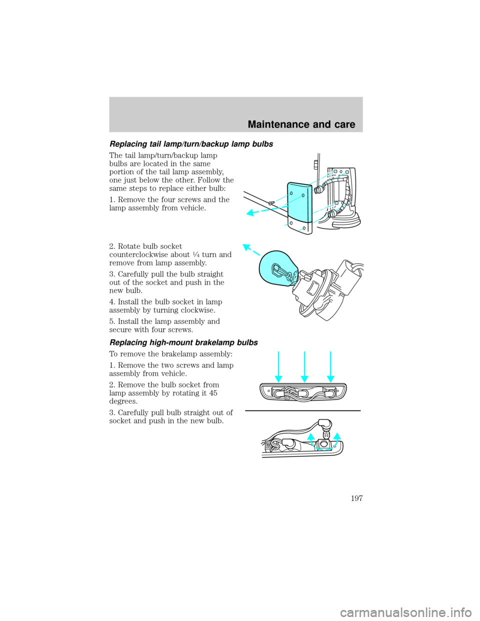 FORD EXCURSION 2000 1.G User Guide Replacing tail lamp/turn/backup lamp bulbs
The tail lamp/turn/backup lamp
bulbs are located in the same
portion of the tail lamp assembly,
one just below the other. Follow the
same steps to replace ei