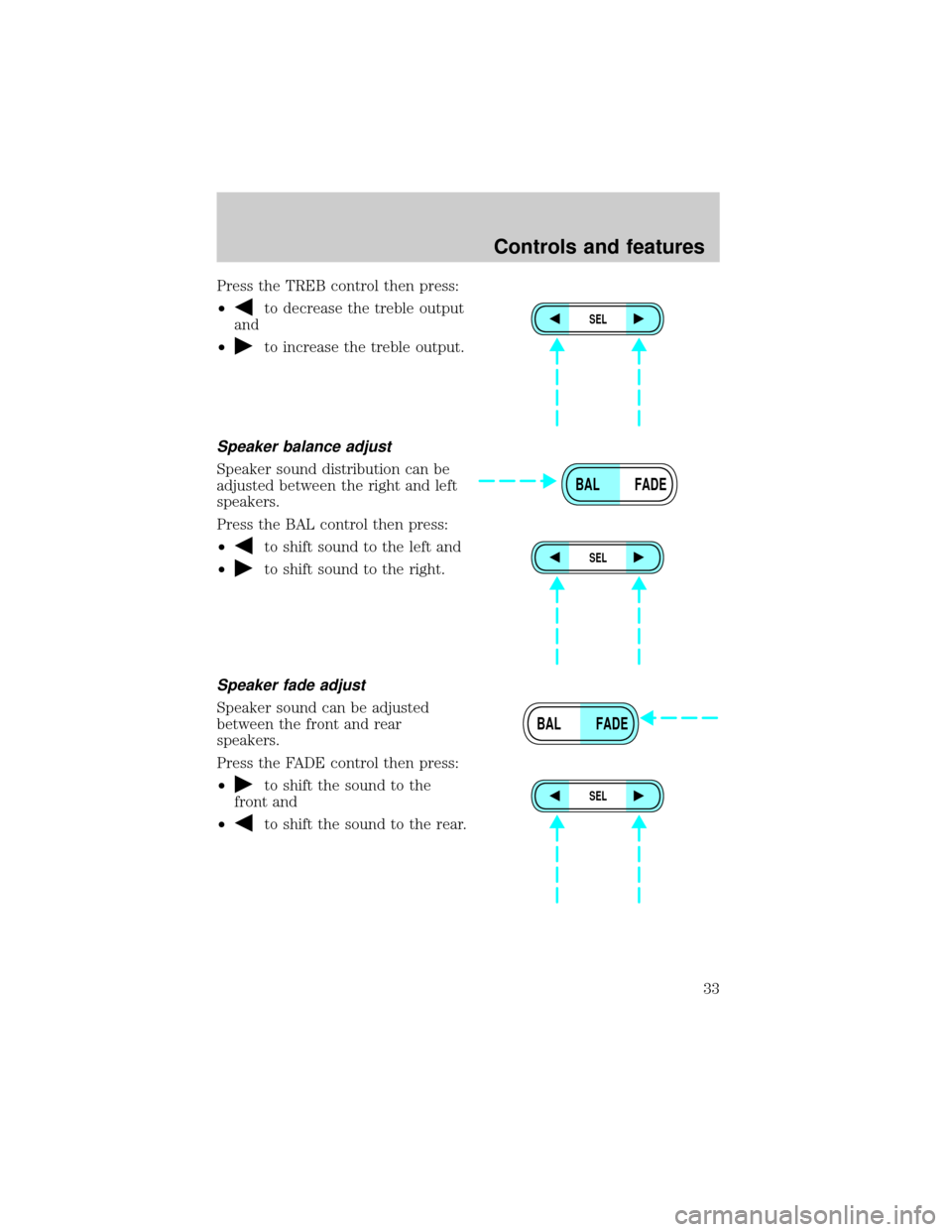 FORD EXCURSION 2000 1.G Owners Guide Press the TREB control then press:
²
to decrease the treble output
and
²
to increase the treble output.
Speaker balance adjust
Speaker sound distribution can be
adjusted between the right and left
s FORD EXCURSION 2000 1.G Owners Guide Press the TREB control then press:
²
to decrease the treble output
and
²
to increase the treble output.
Speaker balance adjust
Speaker sound distribution can be
adjusted between the right and left
s