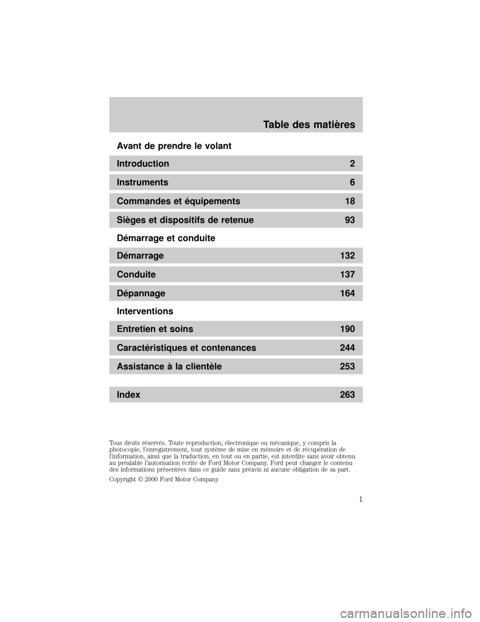 FORD EXCURSION 2001 1.G Owners Manual Avant de prendre le volant
Introduction 2
Instruments 6
Commandes et e quipements 18
SieÁ ges et dispositifs de retenue 93
De marrage et conduite
De marrage 132
Conduite 137
De pannage 164
In FORD EXCURSION 2001 1.G Owners Manual Avant de prendre le volant
Introduction 2
Instruments 6
Commandes et e quipements 18
SieÁ ges et dispositifs de retenue 93
De marrage et conduite
De marrage 132
Conduite 137
De pannage 164
In