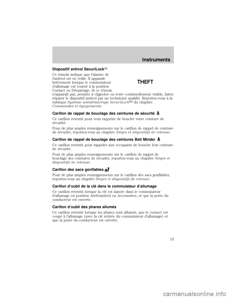 FORD EXCURSION 2001 1.G User Guide Dispositif antivol SecuriLockY
Ce t×moin indique que lalarme de
lantivol est en veille. Il apparaÜt
briÖvement lorsque le commutateur
dallumage est tourn× ° la position
Contact ou D×marrage. 