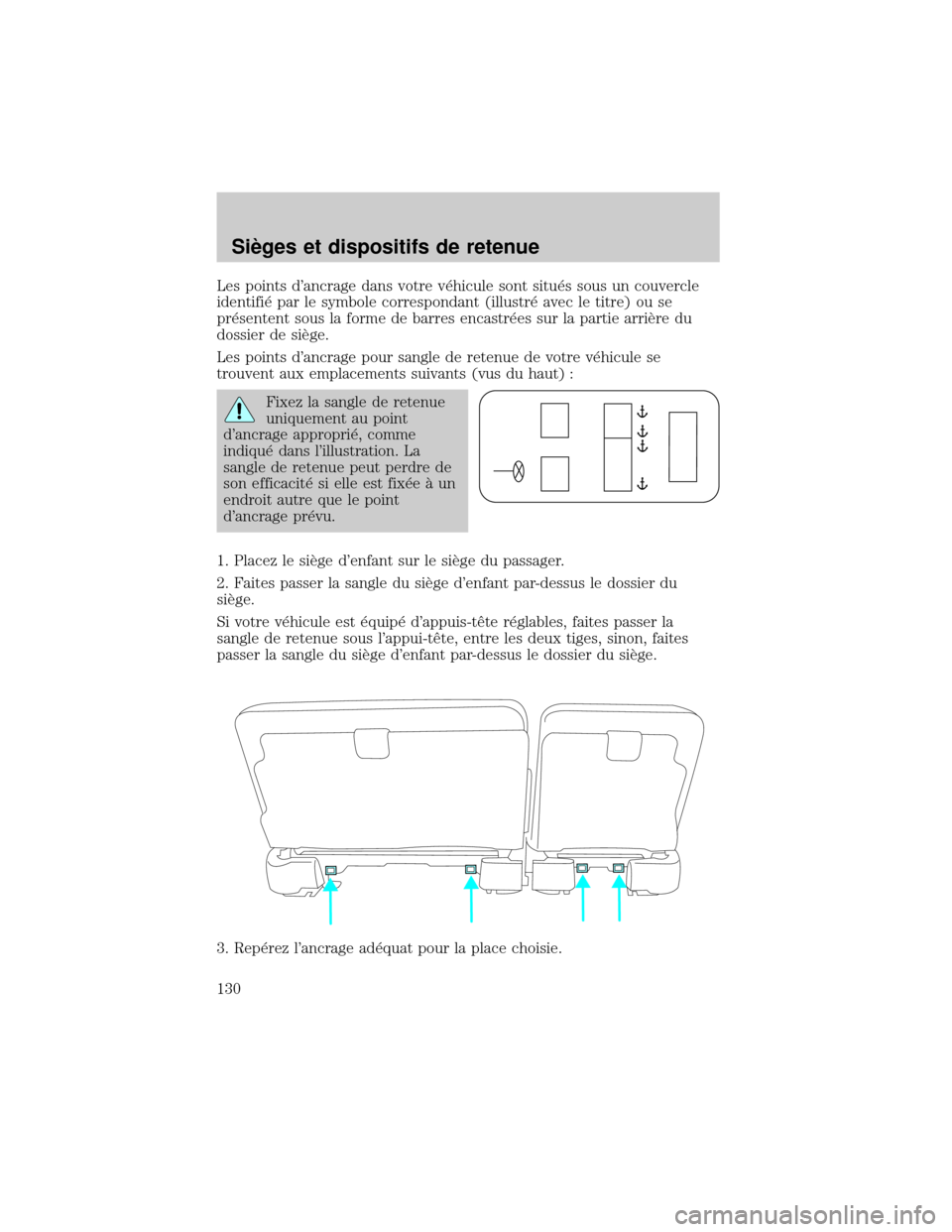 FORD EXCURSION 2001 1.G Owners Manual Les points dancrage dans votre v×hicule sont situ×s sous un couvercle
identifi× par le symbole correspondant (illustr× avec le titre) ou se
pr×sentent sous la forme de barres encastr×es sur la FORD EXCURSION 2001 1.G Owners Manual Les points dancrage dans votre v×hicule sont situ×s sous un couvercle
identifi× par le symbole correspondant (illustr× avec le titre) ou se
pr×sentent sous la forme de barres encastr×es sur la
