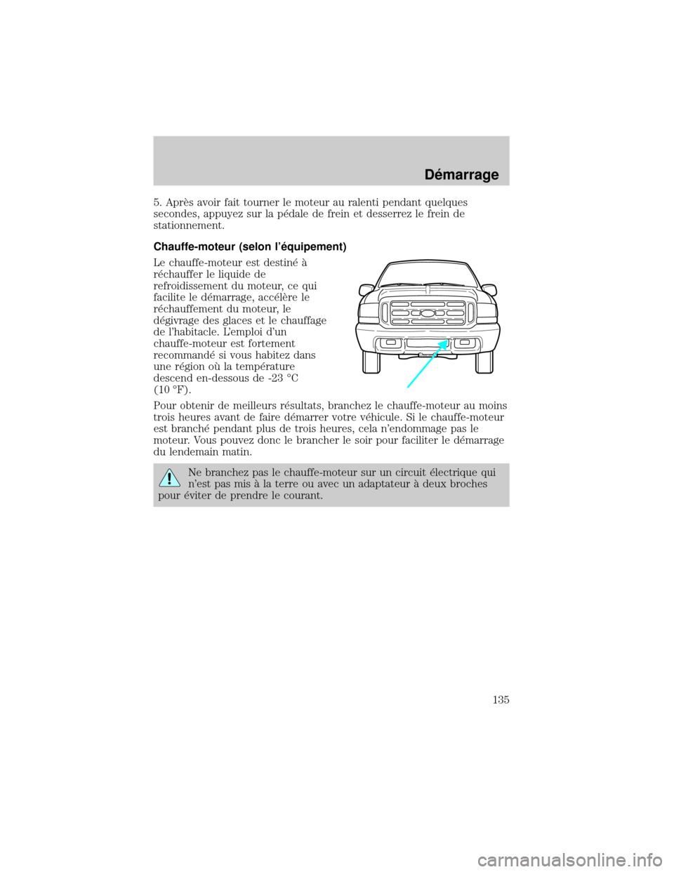 FORD EXCURSION 2001 1.G Owners Manual 5. AprÖs avoir fait tourner le moteur au ralenti pendant quelques
secondes, appuyez sur la p×dale de frein et desserrez le frein de
stationnement.
Chauffe-moteur (selon l×quipement)
Le chauffe-mot FORD EXCURSION 2001 1.G Owners Manual 5. AprÖs avoir fait tourner le moteur au ralenti pendant quelques
secondes, appuyez sur la p×dale de frein et desserrez le frein de
stationnement.
Chauffe-moteur (selon l×quipement)
Le chauffe-mot