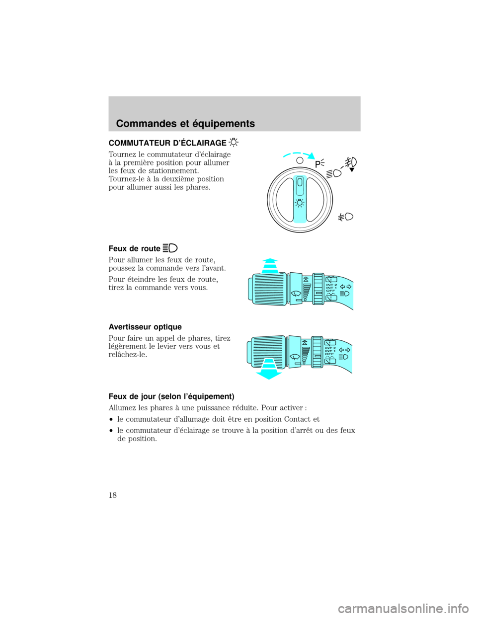 FORD EXCURSION 2001 1.G User Guide COMMUTATEUR DˆCLAIRAGE
Tournez le commutateur d×clairage
° la premiÖre position pour allumer
les feux de stationnement.
Tournez-le ° la deuxiÖme position
pour allumer aussi les phares.
Feux de