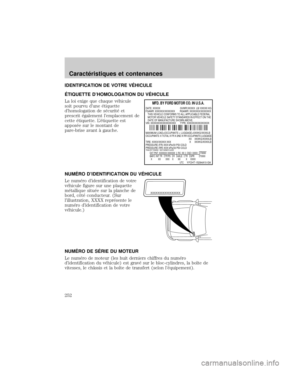 FORD EXCURSION 2001 1.G Owners Manual IDENTIFICATION DE VOTRE VˆHICULE
ˆTIQUETTE DHOMOLOGATION DU VˆHICULE
La loi exige que chaque v×hicule
soit pourvu dune ×tiquette
dhomologation de s×curit× et
prescrit ×galement lemplacemen FORD EXCURSION 2001 1.G Owners Manual IDENTIFICATION DE VOTRE VˆHICULE
ˆTIQUETTE DHOMOLOGATION DU VˆHICULE
La loi exige que chaque v×hicule
soit pourvu dune ×tiquette
dhomologation de s×curit× et
prescrit ×galement lemplacemen