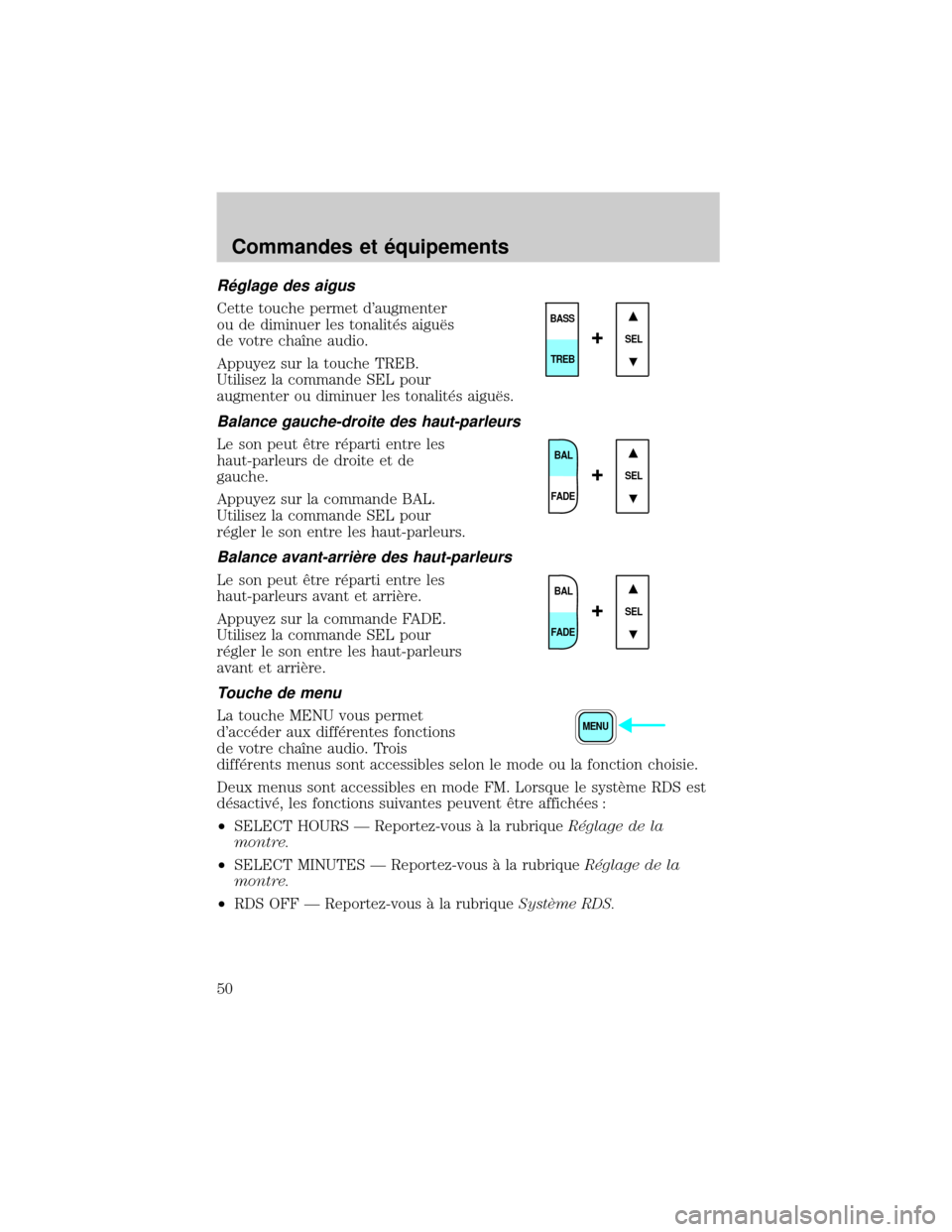 FORD EXCURSION 2001 1.G Service Manual R×glage des aigus
Cette touche permet daugmenter
ou de diminuer les tonalit×s aiguÙs
de votre chaÜne audio.
Appuyez sur la touche TREB.
Utilisez la commande SEL pour
augmenter ou diminuer les ton FORD EXCURSION 2001 1.G Service Manual R×glage des aigus
Cette touche permet daugmenter
ou de diminuer les tonalit×s aiguÙs
de votre chaÜne audio.
Appuyez sur la touche TREB.
Utilisez la commande SEL pour
augmenter ou diminuer les ton
