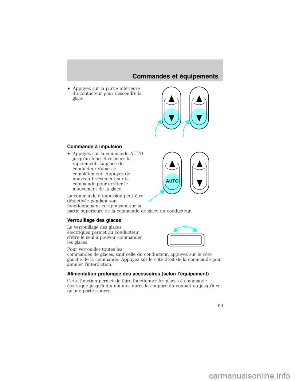 FORD EXCURSION 2001 1.G Repair Manual ²Appuyez sur la partie inf×rieure
du contacteur pour descendre la
glace.
Commande ° impulsion
²Appuyez sur la commande AUTO
jusquau fond et relÑchez-la
rapidement. La glace du
conducteur sabais FORD EXCURSION 2001 1.G Repair Manual ²Appuyez sur la partie inf×rieure
du contacteur pour descendre la
glace.
Commande ° impulsion
²Appuyez sur la commande AUTO
jusquau fond et relÑchez-la
rapidement. La glace du
conducteur sabais