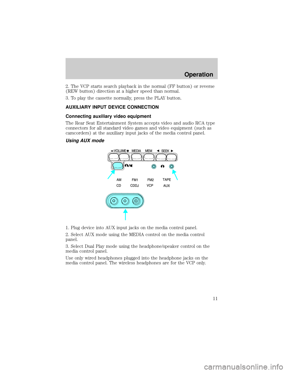 FORD EXCURSION 2001 1.G Rear Seat Entertainment System Manual 2. The VCP starts search playback in the normal (FF button) or reverse
(REW button) direction at a higher speed than normal.
3. To play the cassette normally, press the PLAY button.
AUXILIARY INPUT DE