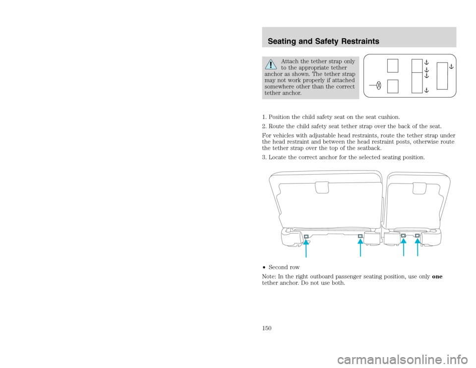 FORD EXCURSION 2002 1.G Owners Manual 20815.psp Ford O/G 2002 Excursion English 4th Print 2C3J-19A321-HB 04/24/2003 09:14:57 75 B
Attach the tether strap only
to the appropriate tether
anchor as shown. The tether strap
may not work prope FORD EXCURSION 2002 1.G Owners Manual 20815.psp Ford O/G 2002 Excursion English 4th Print 2C3J-19A321-HB 04/24/2003 09:14:57 75 B
Attach the tether strap only
to the appropriate tether
anchor as shown. The tether strap
may not work prope