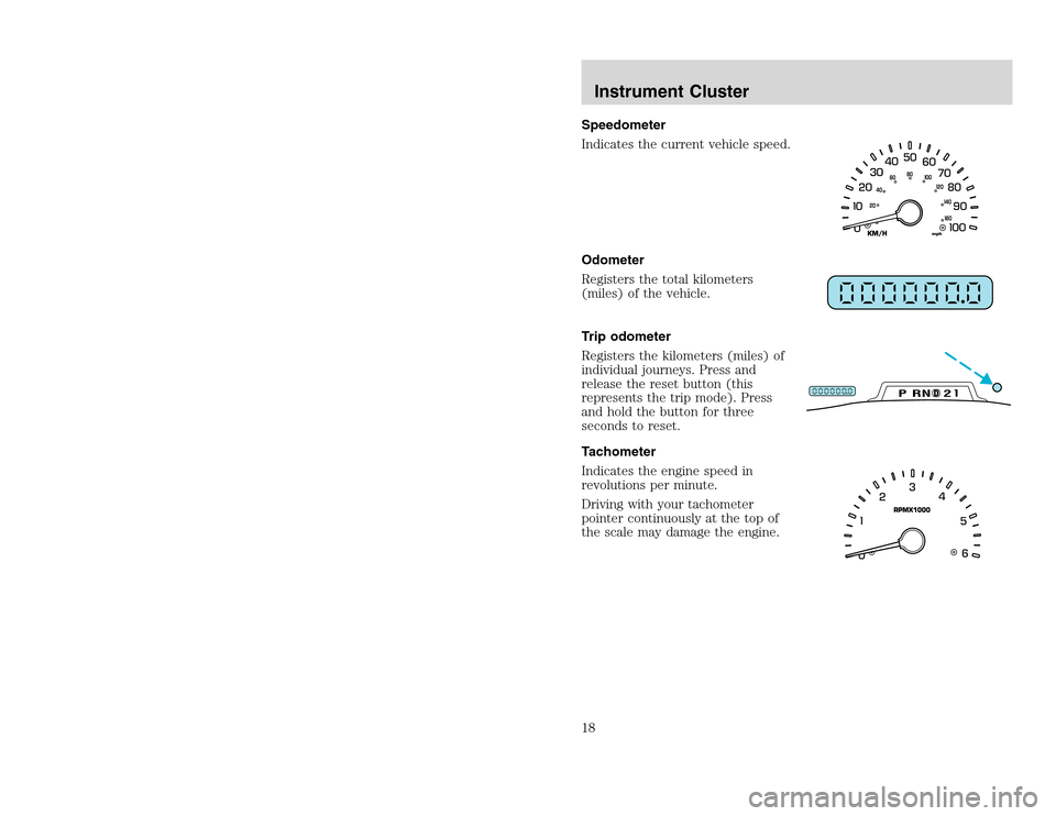 FORD EXCURSION 2002 1.G User Guide 20815.psp Ford O/G 2002 Excursion English 4th Print 2C3J-19A321-HB  04/24/2003 09:14:57 9 B
Speedometer
Indicates the current vehicle speed.
Odometer
Registers the total kilometers
(miles) of the vehi