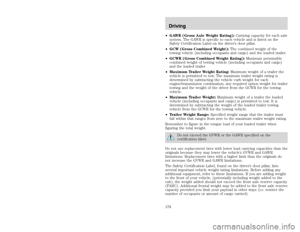 FORD EXCURSION 2002 1.G Owners Manual 20815.psp Ford O/G 2002 Excursion English 4th Print 2C3J-19A321-HB  04/24/2003 09:14:57 89 B
•GAWR (Gross Axle Weight Rating):Carrying capacity for each axle
system. The GAWR is specific to each veh