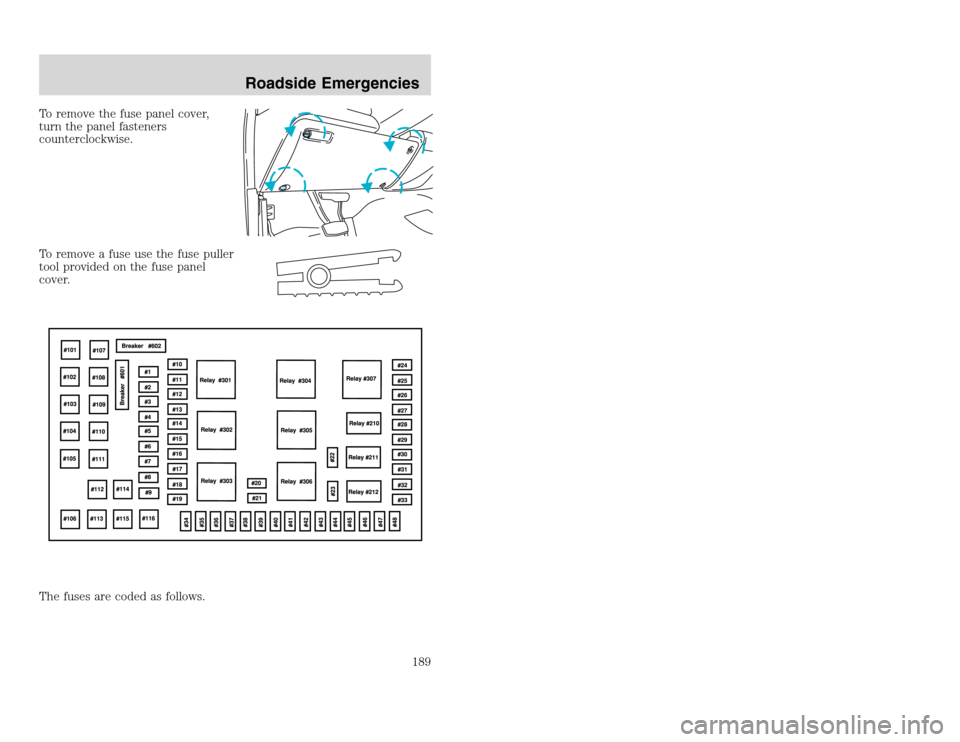 FORD EXCURSION 2002 1.G Owners Manual 20815.psp Ford O/G 2002 Excursion English 4th Print 2C3J-19A321-HB 04/24/2003 09:14:57 95 A
To remove the fuse panel cover,
turn the panel fasteners
counterclockwise.
To remove a fuse use the fuse pu FORD EXCURSION 2002 1.G Owners Manual 20815.psp Ford O/G 2002 Excursion English 4th Print 2C3J-19A321-HB 04/24/2003 09:14:57 95 A
To remove the fuse panel cover,
turn the panel fasteners
counterclockwise.
To remove a fuse use the fuse pu