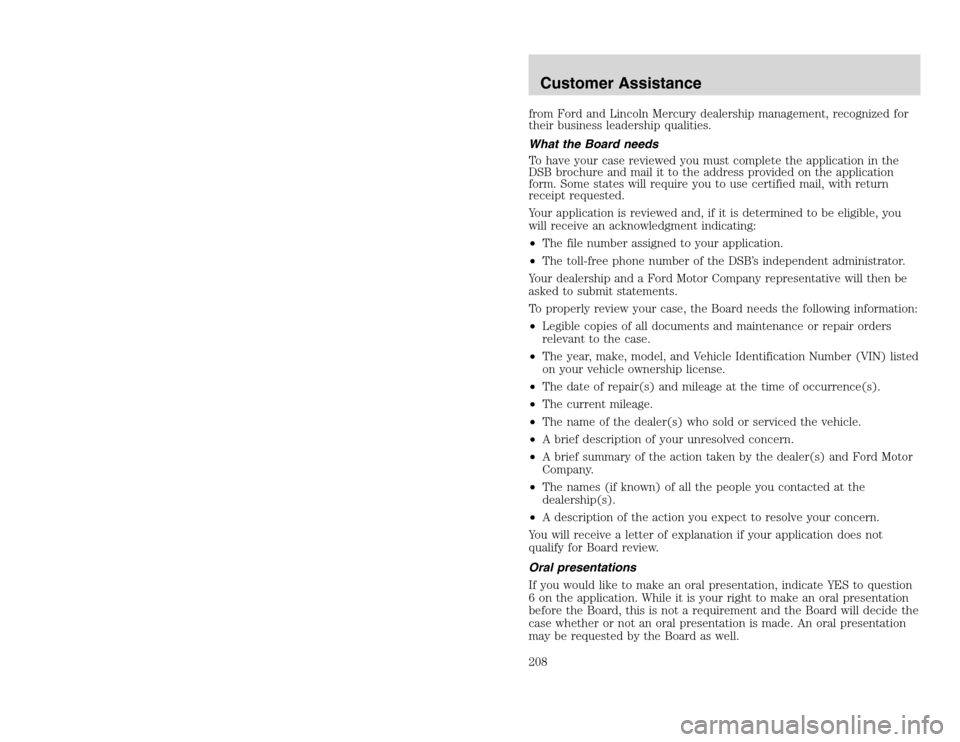 FORD EXCURSION 2002 1.G Owners Guide 20815.psp Ford O/G 2002 Excursion English 4th Print 2C3J-19A321-HB 04/24/2003 09:14:57 104 B
from Ford and Lincoln Mercury dealership management, recognized for
their business leadership qualities.
W FORD EXCURSION 2002 1.G Owners Guide 20815.psp Ford O/G 2002 Excursion English 4th Print 2C3J-19A321-HB 04/24/2003 09:14:57 104 B
from Ford and Lincoln Mercury dealership management, recognized for
their business leadership qualities.
W