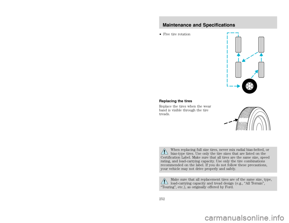 FORD EXCURSION 2002 1.G Owners Manual 20815.psp Ford O/G 2002 Excursion English 4th Print 2C3J-19A321-HB 04/24/2003 09:14:57 126 B
•Five tire rotation
Replacing the tires
Replace the tires when the wear
band is visible through the tire FORD EXCURSION 2002 1.G Owners Manual 20815.psp Ford O/G 2002 Excursion English 4th Print 2C3J-19A321-HB 04/24/2003 09:14:57 126 B
•Five tire rotation
Replacing the tires
Replace the tires when the wear
band is visible through the tire