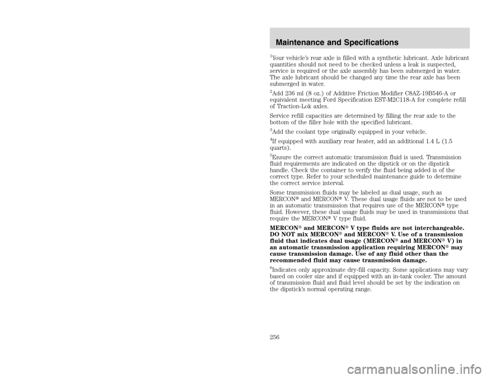 FORD EXCURSION 2002 1.G Owners Manual 20815.psp Ford O/G 2002 Excursion English 4th Print 2C3J-19A321-HB 04/24/2003 09:14:57 128 B
1Your vehicle’s rear axle is filled with a synthetic lubricant. Axle lubricant
quantities should not nee FORD EXCURSION 2002 1.G Owners Manual 20815.psp Ford O/G 2002 Excursion English 4th Print 2C3J-19A321-HB 04/24/2003 09:14:57 128 B
1Your vehicle’s rear axle is filled with a synthetic lubricant. Axle lubricant
quantities should not nee