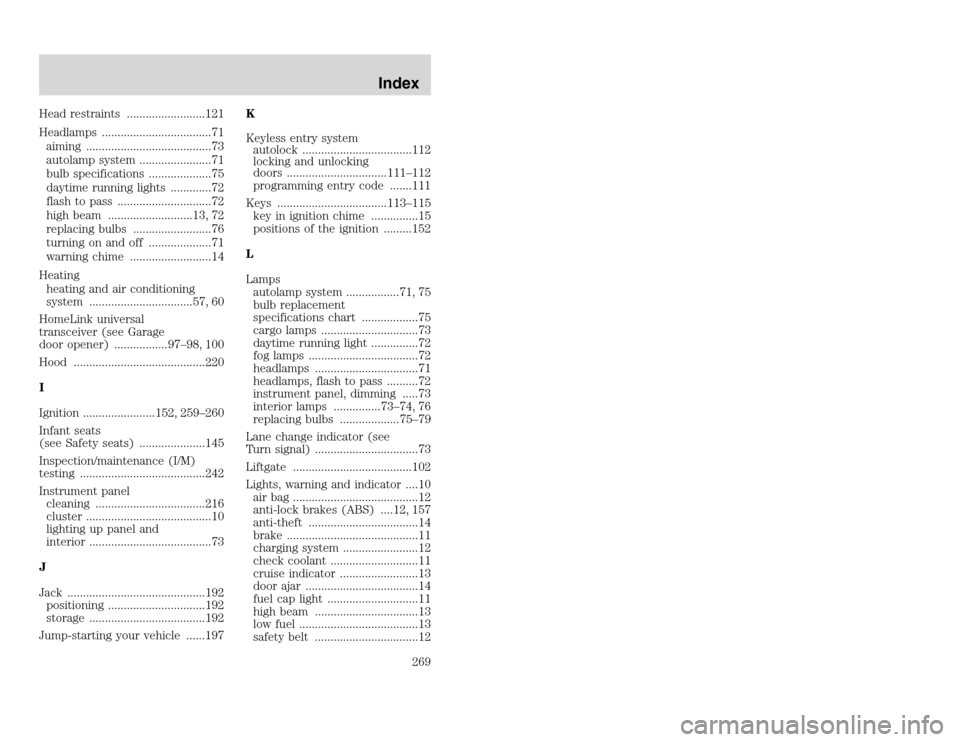 FORD EXCURSION 2002 1.G Owners Manual 20815.psp Ford O/G 2002 Excursion English 4th Print 2C3J-19A321-HB 04/24/2003 09:14:57 135 A
Head restraints .........................121
Headlamps ...................................71
aiming ...... FORD EXCURSION 2002 1.G Owners Manual 20815.psp Ford O/G 2002 Excursion English 4th Print 2C3J-19A321-HB 04/24/2003 09:14:57 135 A
Head restraints .........................121
Headlamps ...................................71
aiming ......