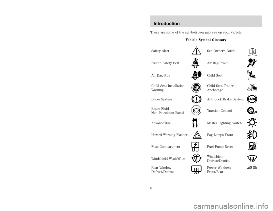 FORD EXCURSION 2002 1.G Owners Manual 20815.psp Ford O/G 2002 Excursion English 4th Print 2C3J-19A321-HB 04/24/2003 09:14:57 4 B
These are some of the symbols you may see on your vehicle.
Vehicle Symbol Glossary
Safety Alert
See Owner’ FORD EXCURSION 2002 1.G Owners Manual 20815.psp Ford O/G 2002 Excursion English 4th Print 2C3J-19A321-HB 04/24/2003 09:14:57 4 B
These are some of the symbols you may see on your vehicle.
Vehicle Symbol Glossary
Safety Alert
See Owner’