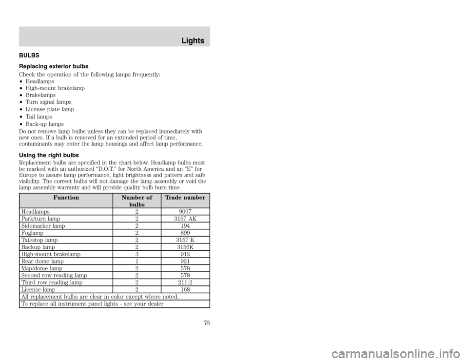 FORD EXCURSION 2002 1.G Owners Manual 20815.psp Ford O/G 2002 Excursion English 4th Print 2C3J-19A321-HB  04/24/2003 09:14:57 38 A
BULBS
Replacing exterior bulbs
Check the operation of the following lamps frequently:
•Headlamps
•High-