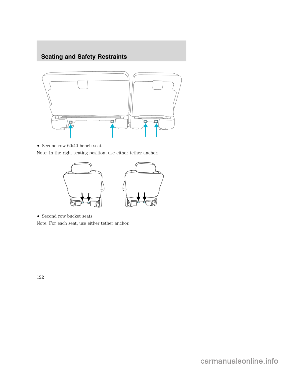 FORD EXCURSION 2003 1.G Owners Manual •Second row 60/40 bench seat
Note: In the right seating position, use either tether anchor.
•Second row bucket seats
Note: For each seat, use either tether anchor.
Seating and Safety Restraints
12 FORD EXCURSION 2003 1.G Owners Manual •Second row 60/40 bench seat
Note: In the right seating position, use either tether anchor.
•Second row bucket seats
Note: For each seat, use either tether anchor.
Seating and Safety Restraints
12