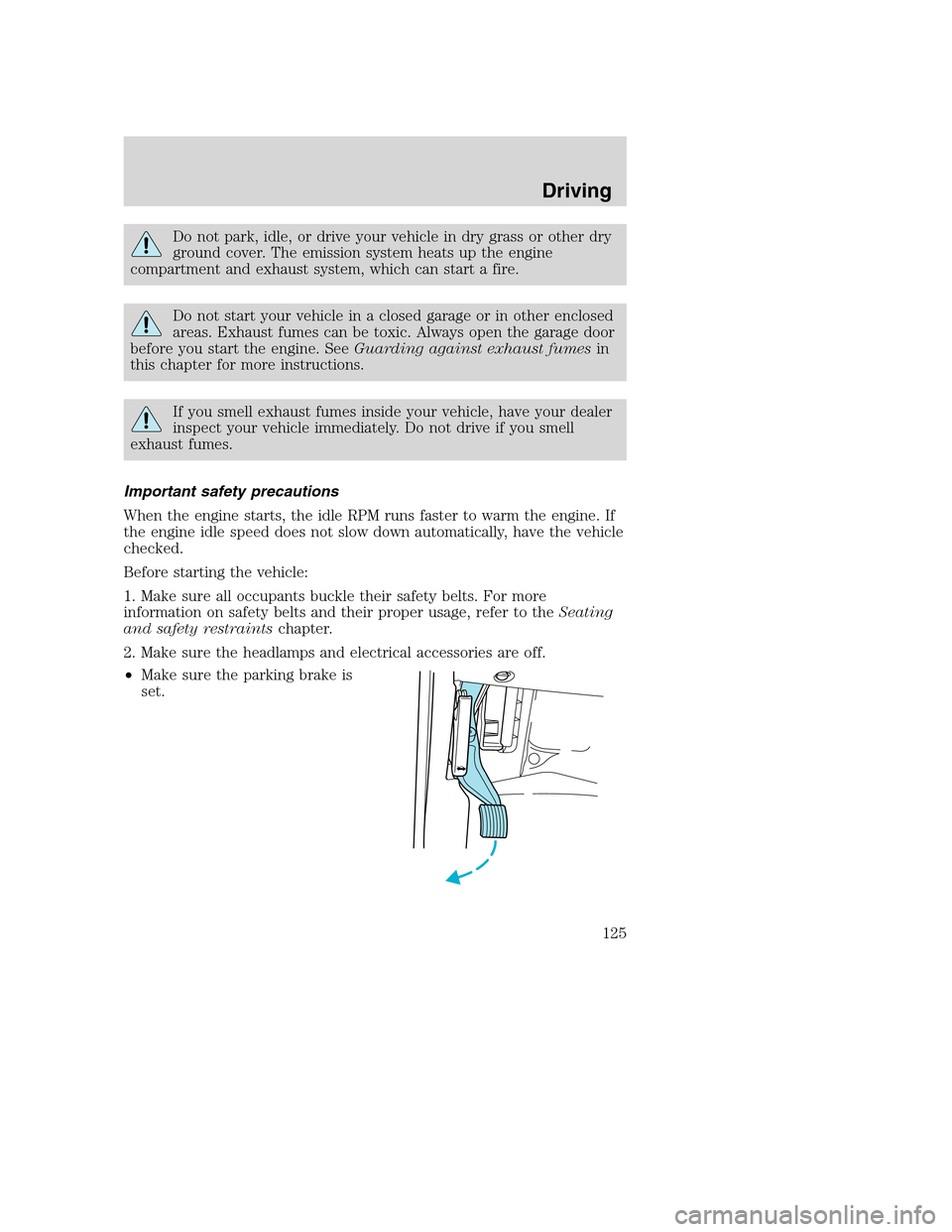 FORD EXCURSION 2003 1.G User Guide Do not park, idle, or drive your vehicle in dry grass or other dry
ground cover. The emission system heats up the engine
compartment and exhaust system, which can start a fire.
Do not start your vehic