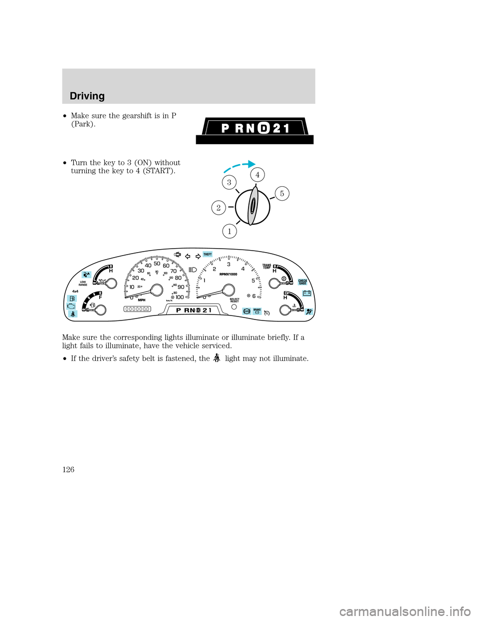 FORD EXCURSION 2003 1.G Owners Manual •Make sure the gearshift is in P
(Park).
•Turn the key to 3 (ON) without
turning the key to 4 (START).
Make sure the corresponding lights illuminate or illuminate briefly. If a
light fails to illu FORD EXCURSION 2003 1.G Owners Manual •Make sure the gearshift is in P
(Park).
•Turn the key to 3 (ON) without
turning the key to 4 (START).
Make sure the corresponding lights illuminate or illuminate briefly. If a
light fails to illu