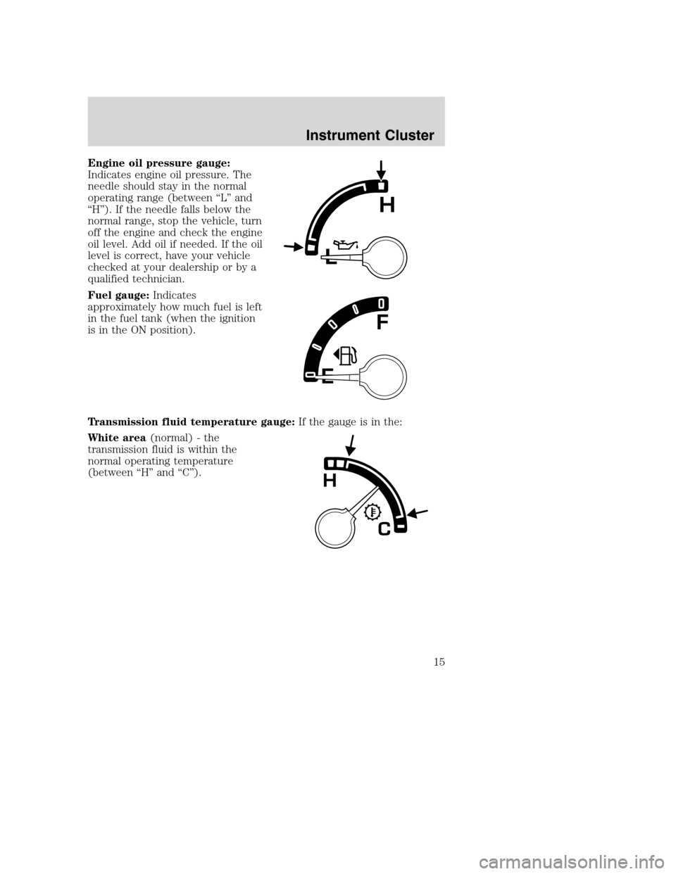 FORD EXCURSION 2003 1.G User Guide Engine oil pressure gauge:
Indicates engine oil pressure. The
needle should stay in the normal
operating range (between “L” and
“H”). If the needle falls below the
normal range, stop the vehic