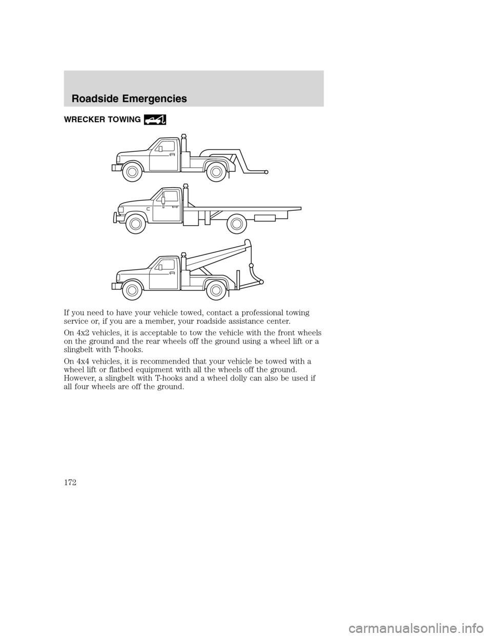 FORD EXCURSION 2003 1.G Owners Guide WRECKER TOWING
If you need to have your vehicle towed, contact a professional towing
service or, if you are a member, your roadside assistance center.
On 4x2 vehicles, it is acceptable to tow the vehi FORD EXCURSION 2003 1.G Owners Guide WRECKER TOWING
If you need to have your vehicle towed, contact a professional towing
service or, if you are a member, your roadside assistance center.
On 4x2 vehicles, it is acceptable to tow the vehi