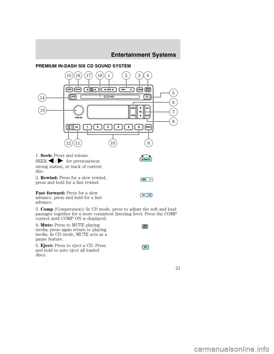 FORD EXCURSION 2003 1.G Owners Manual PREMIUM IN-DASH SIX CD SOUND SYSTEM
1.Seek:Press and release
SEEK
/for previous/next
strong station, or track of current
disc.
2.Rewind:Press for a slow rewind,
press and hold for a fast rewind.
Fast FORD EXCURSION 2003 1.G Owners Manual PREMIUM IN-DASH SIX CD SOUND SYSTEM
1.Seek:Press and release
SEEK
/for previous/next
strong station, or track of current
disc.
2.Rewind:Press for a slow rewind,
press and hold for a fast rewind.
Fast