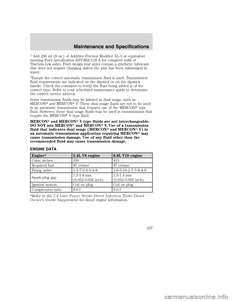 FORD EXCURSION 2003 1.G Owners Manual 1Add 236 ml (8 oz.) of Additive Friction Modifier XL-3 or equivalent
meeting Ford specification EST-M2C118-A for complete refill of
Traction-Lok axles. Ford design rear axles contain a synthetic lubri FORD EXCURSION 2003 1.G Owners Manual 1Add 236 ml (8 oz.) of Additive Friction Modifier XL-3 or equivalent
meeting Ford specification EST-M2C118-A for complete refill of
Traction-Lok axles. Ford design rear axles contain a synthetic lubri