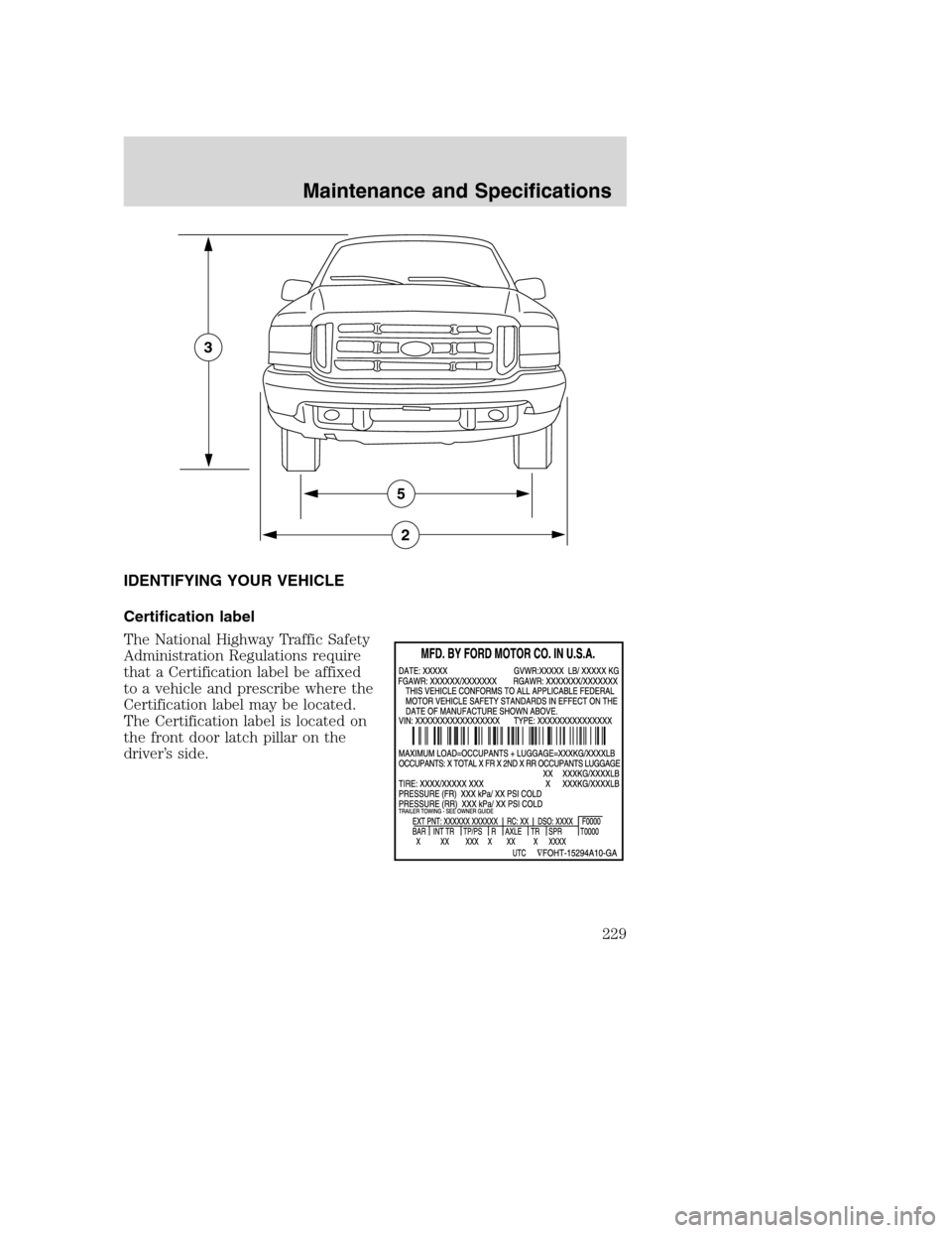 FORD EXCURSION 2003 1.G Owners Manual IDENTIFYING YOUR VEHICLE
Certification label
The National Highway Traffic Safety
Administration Regulations require
that a Certification label be affixed
to a vehicle and prescribe where the
Certifica FORD EXCURSION 2003 1.G Owners Manual IDENTIFYING YOUR VEHICLE
Certification label
The National Highway Traffic Safety
Administration Regulations require
that a Certification label be affixed
to a vehicle and prescribe where the
Certifica