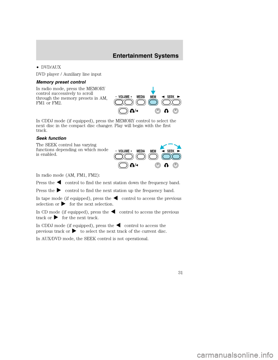 FORD EXCURSION 2003 1.G Owners Guide •DVD/AUX
DVD player / Auxiliary line input
Memory preset control
In radio mode, press the MEMORY
control successively to scroll
through the memory presets in AM,
FM1 or FM2.
In CDDJ mode (if equippe