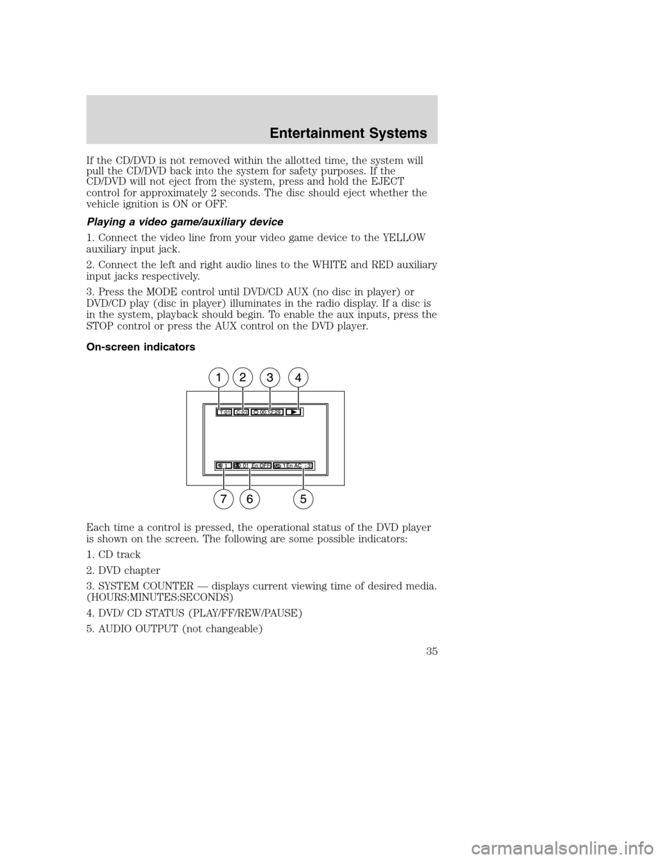 FORD EXCURSION 2003 1.G Owners Manual If the CD/DVD is not removed within the allotted time, the system will
pull the CD/DVD back into the system for safety purposes. If the
CD/DVD will not eject from the system, press and hold the EJECT
FORD EXCURSION 2003 1.G Owners Manual If the CD/DVD is not removed within the allotted time, the system will
pull the CD/DVD back into the system for safety purposes. If the
CD/DVD will not eject from the system, press and hold the EJECT